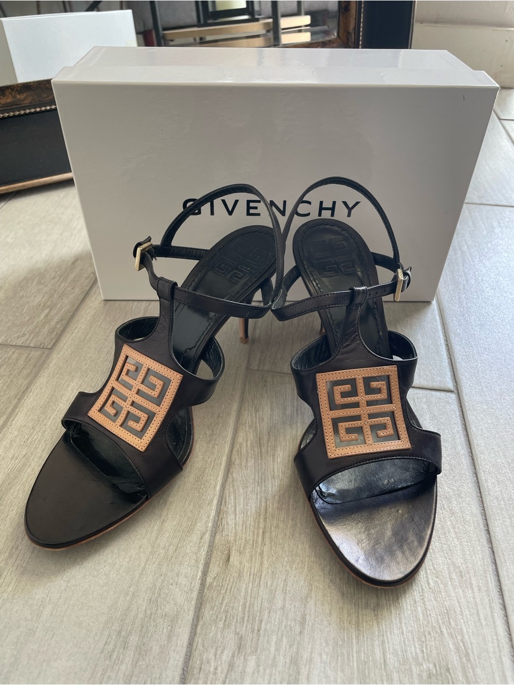 Givenchy 4G Logo Leather Sandal Heels – Black & Nude | Size 39.5 | Made in Italy